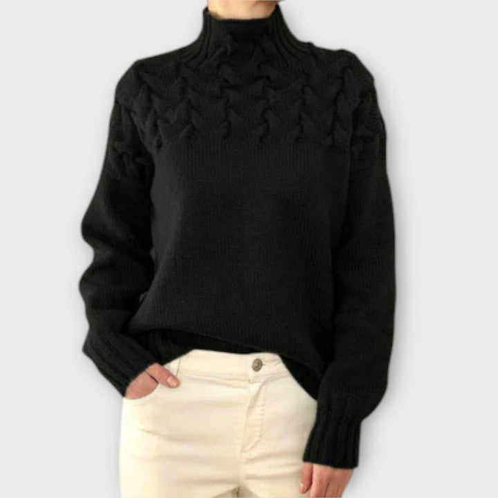 Eva - Pull femme noir avec détail en tricot torsadé