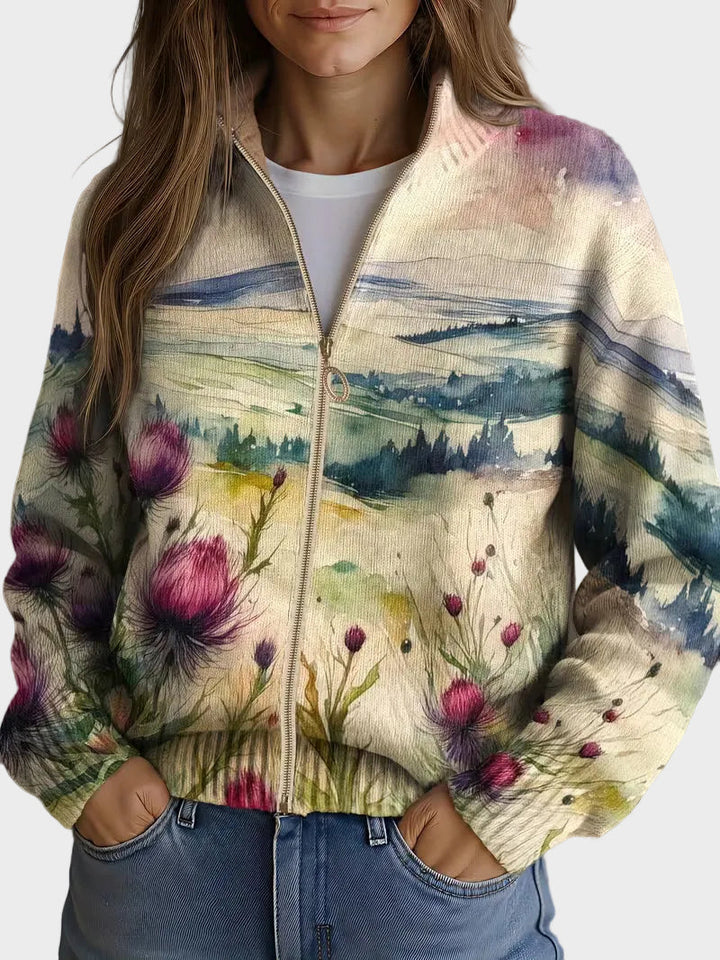 Zelda - Cardigan zippé en paysage de chardon écossais