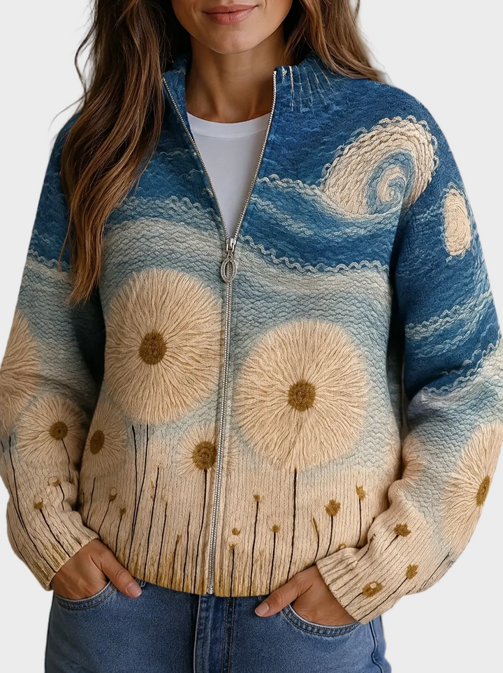 Yolanda - Gilet à zip matelassé avec motif de pissenlit