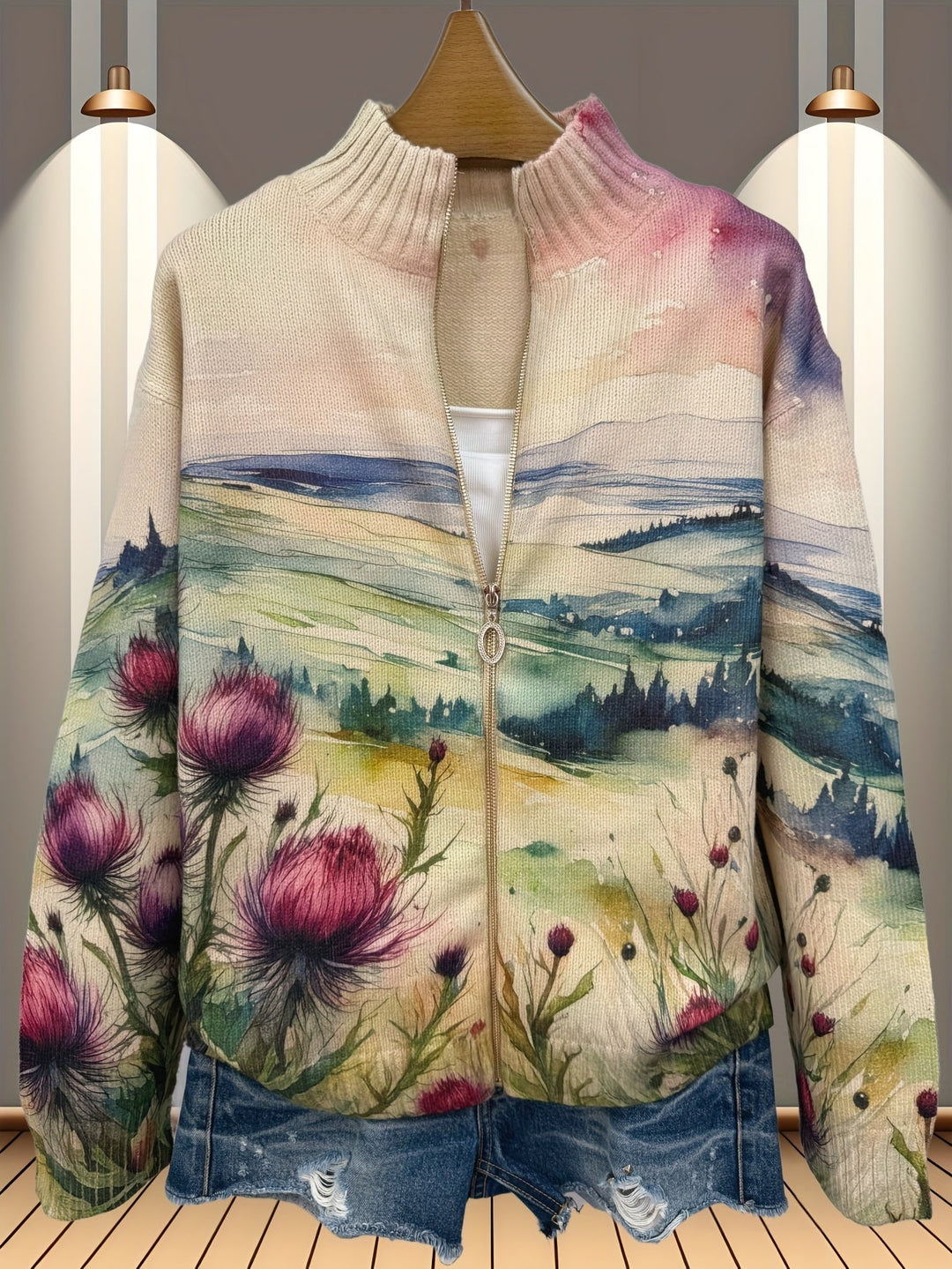 Zelda - Cardigan zippé en paysage de chardon écossais