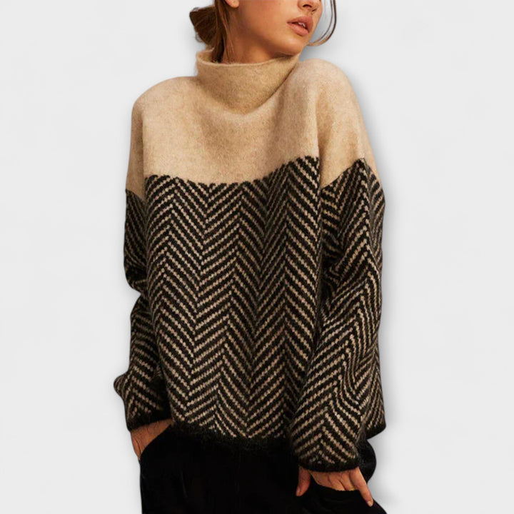 Agathe - Pull à col roulé brun avec motif en chevrons