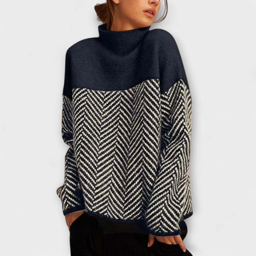 Agathe - Pull à col roulé brun avec motif en chevrons