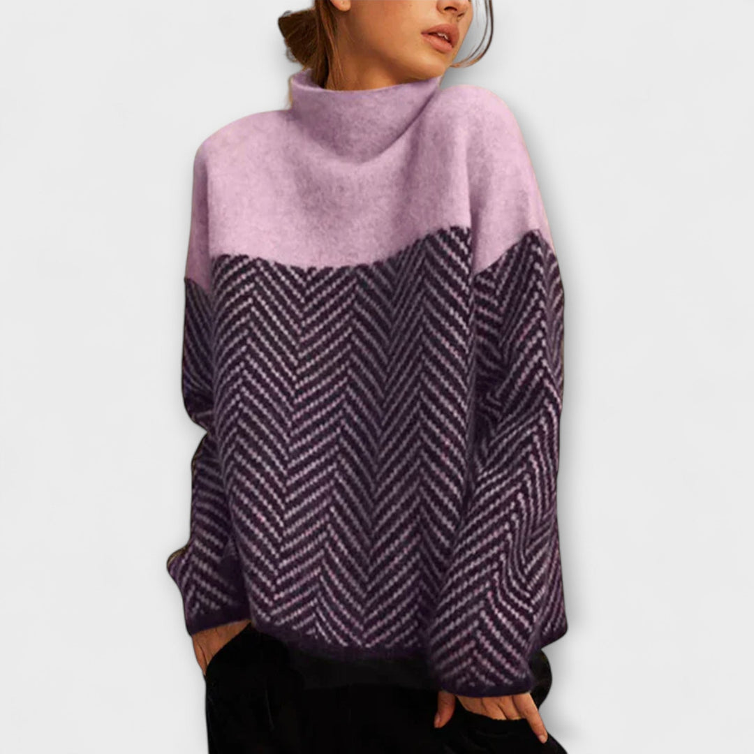 Agathe - Pull à col roulé brun avec motif en chevrons