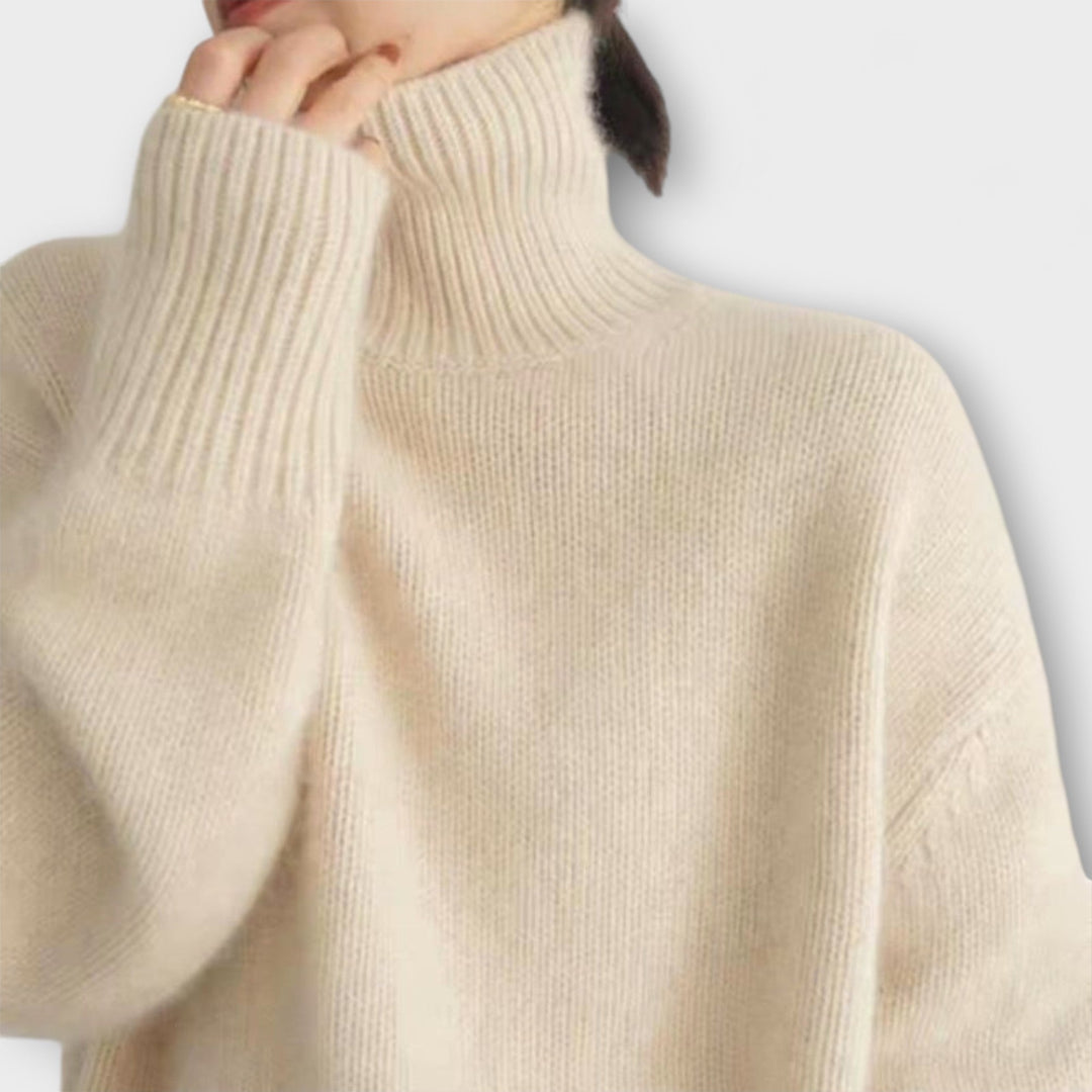 Mera - Pull en cachemire beige à col roulé