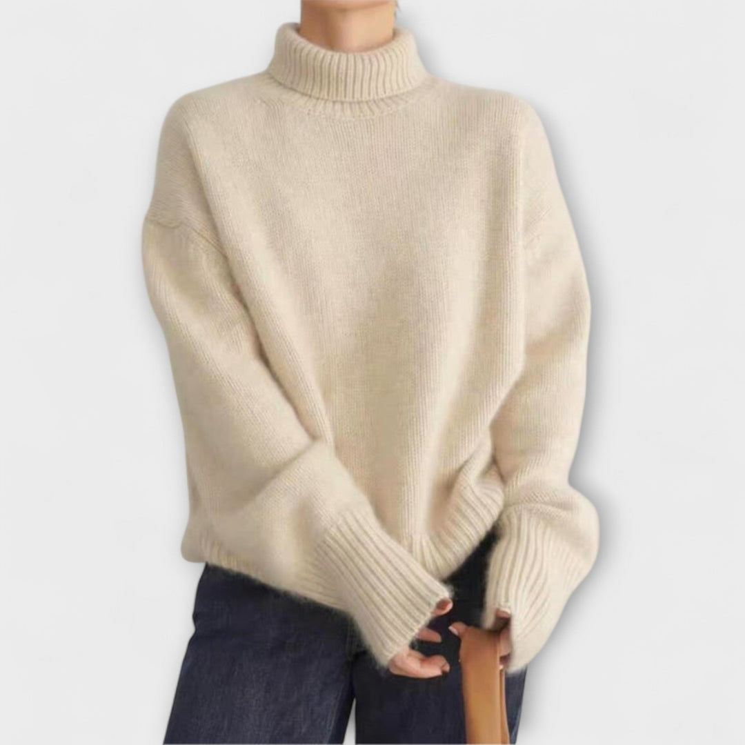 Mera - Pull en cachemire beige à col roulé