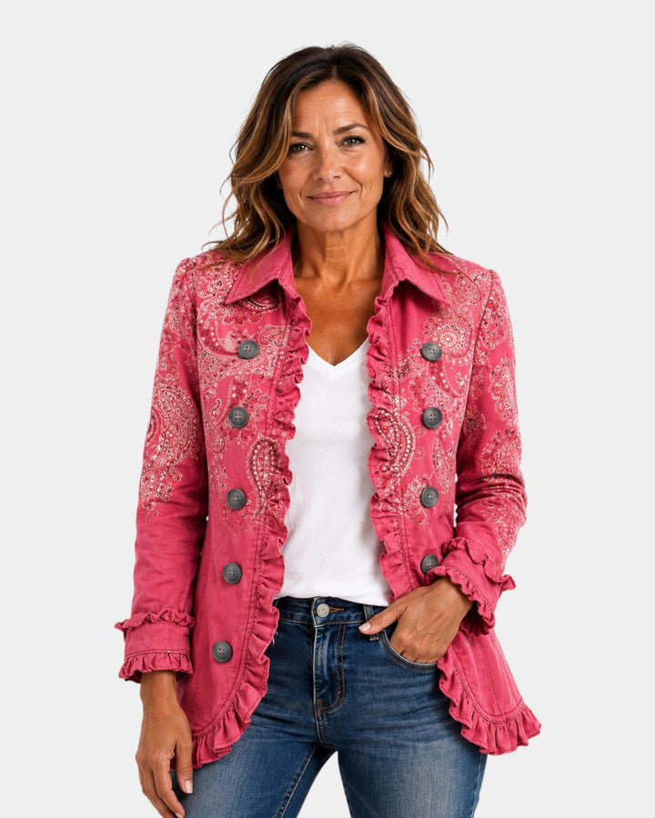 Adoration | Veste en cachemire rose à volants