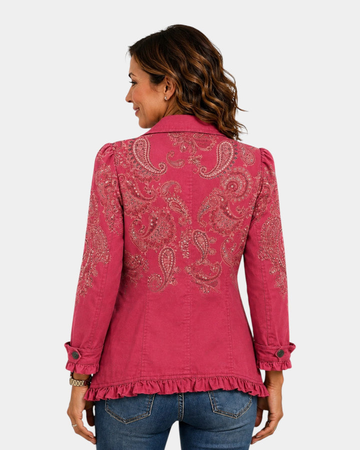 Adoration | Veste en cachemire rose à volants