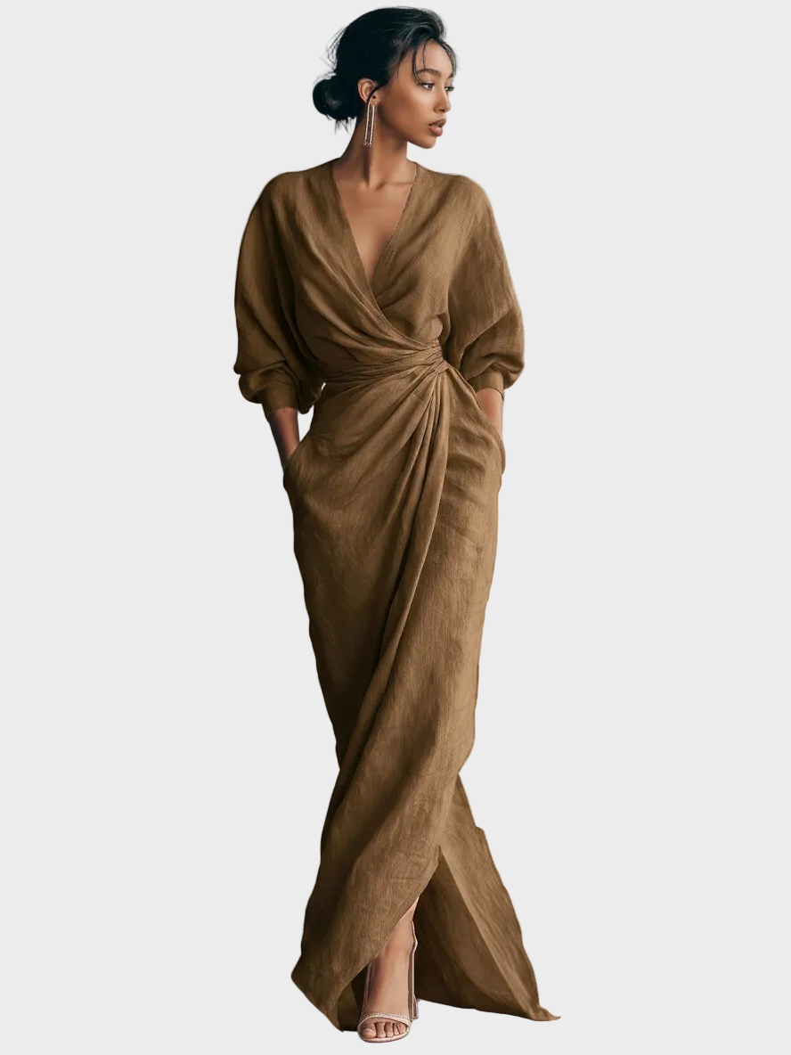 Robe Maxi en Lin avec Décolleté en V Femme
