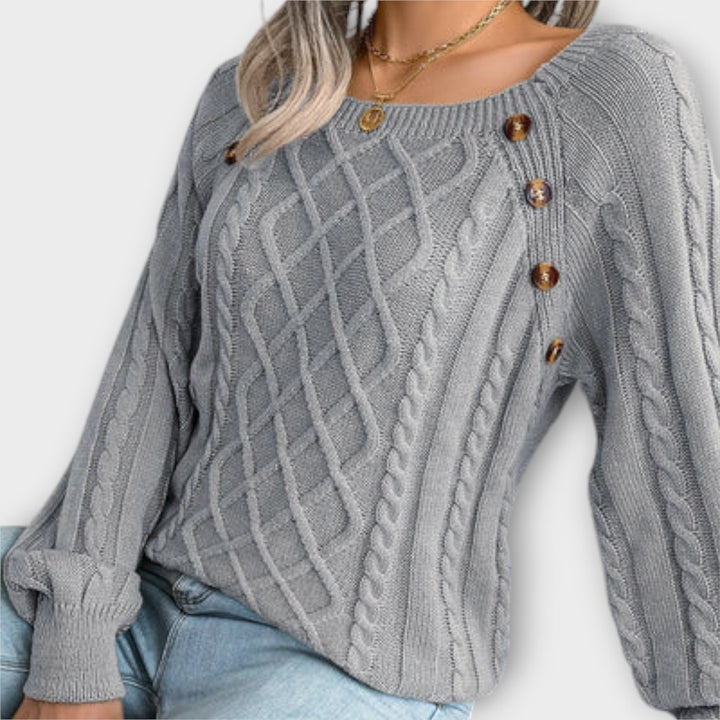 Malia - Pull gris foncé avec boutons et motif en torsades