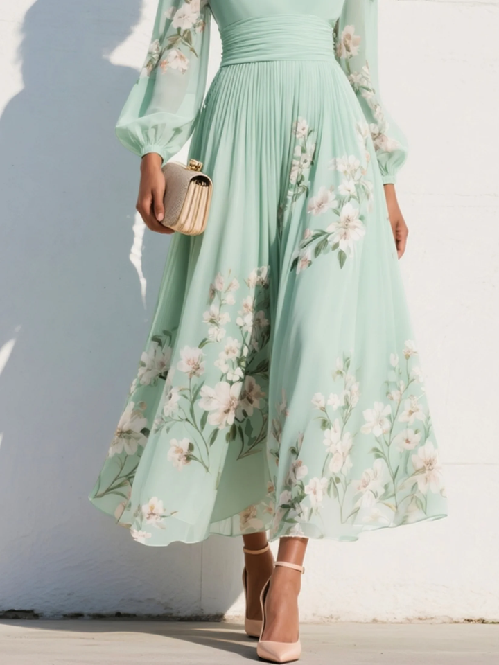 Lucija - Robe Midi en Chiffon Vert Clair avec Plis Floraux Femme