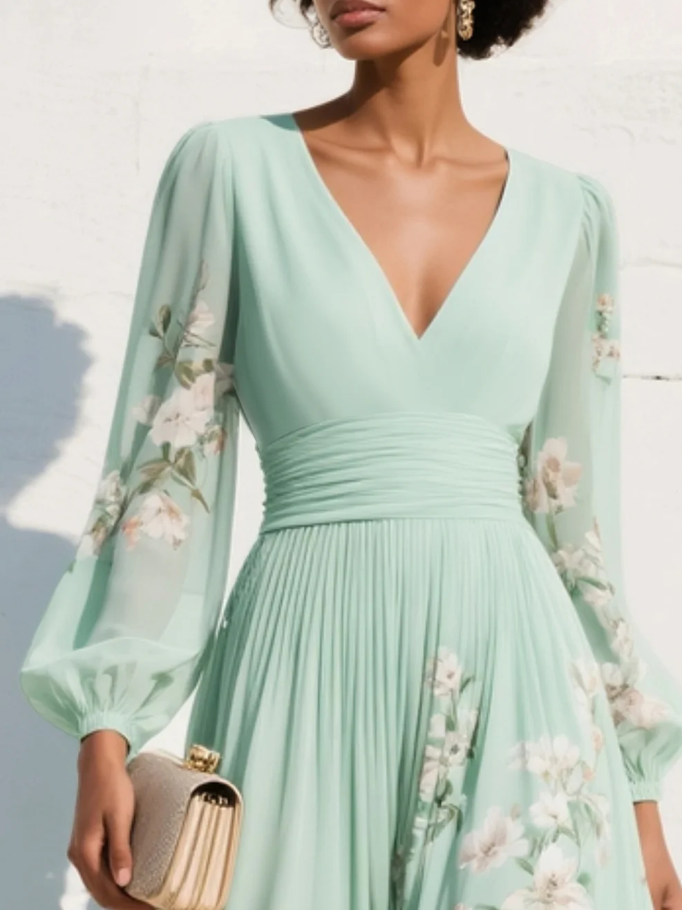 Lucija - Robe Midi en Chiffon Vert Clair avec Plis Floraux Femme