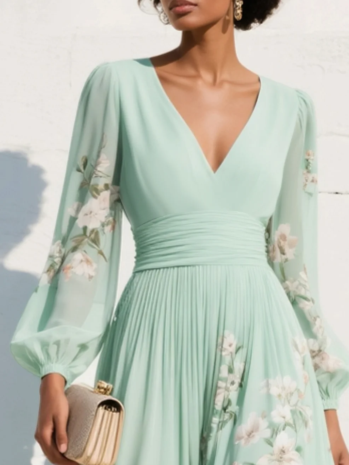 Lucija - Robe Midi en Chiffon Vert Clair avec Plis Floraux Femme