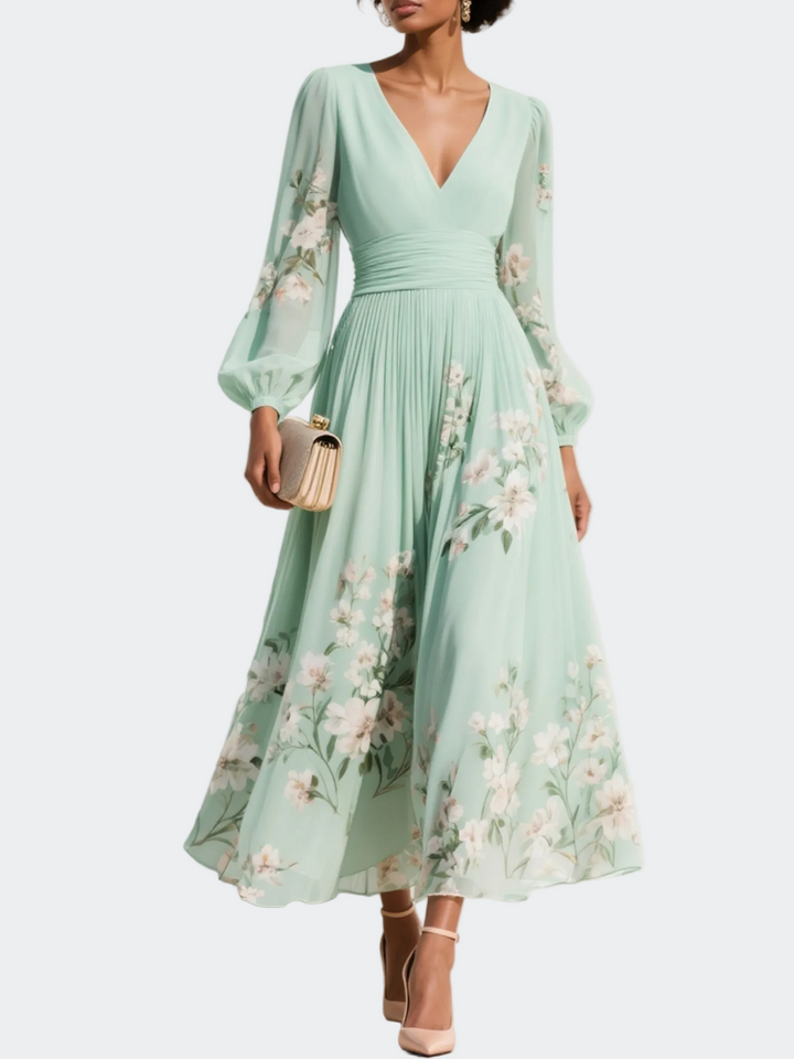 Lucija - Robe Midi en Chiffon Vert Clair avec Plis Floraux Femme