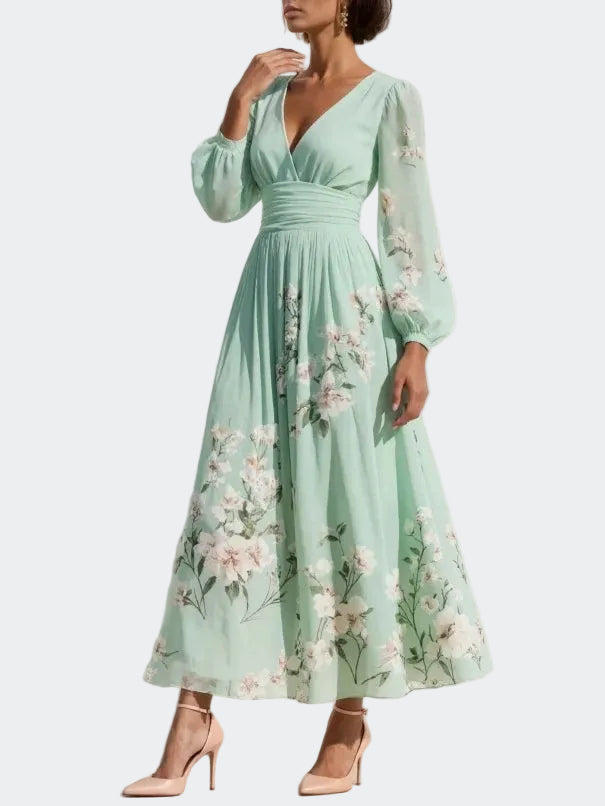 Lucija - Robe Midi en Chiffon Vert Clair avec Plis Floraux Femme