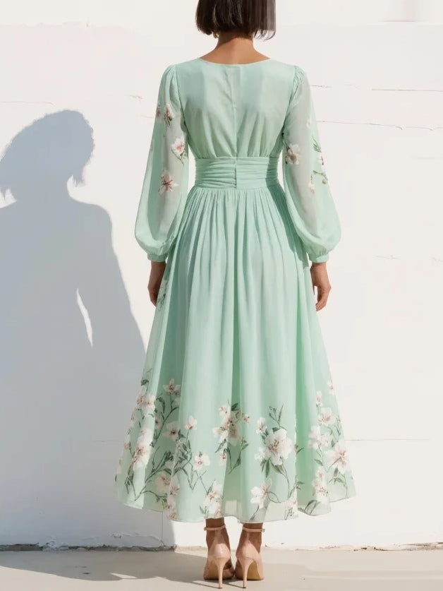 Lucija - Robe Midi en Chiffon Vert Clair avec Plis Floraux Femme
