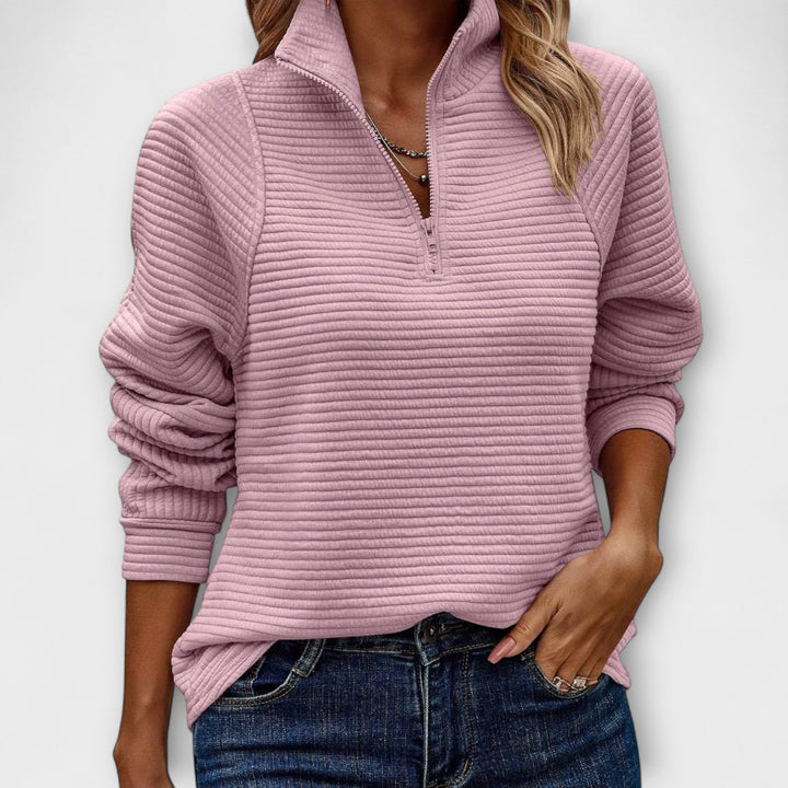 Vilja - Pull à demi-zip en rose avec motif en côtes