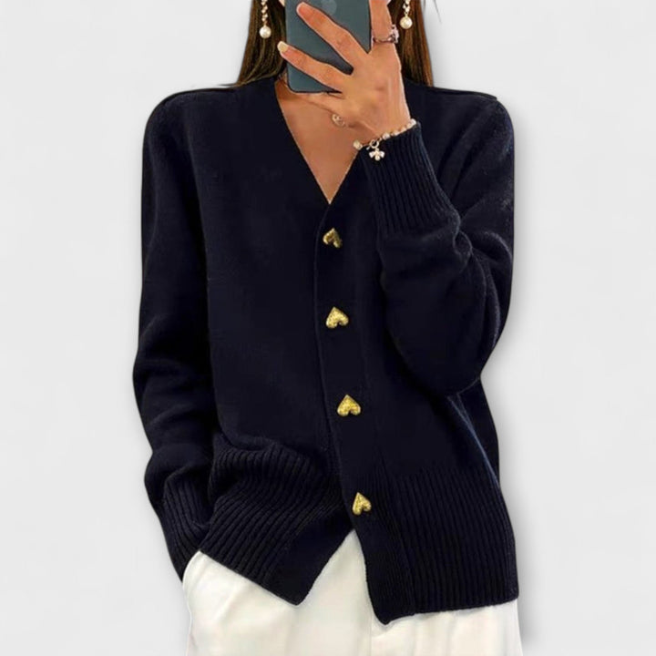 Marij - Cardigan bleu foncé avec décolleté en V au look vintage