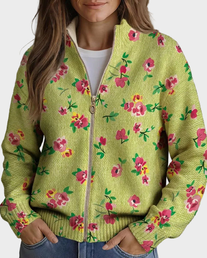 Constance - Cardigan zippé floral rose et lime