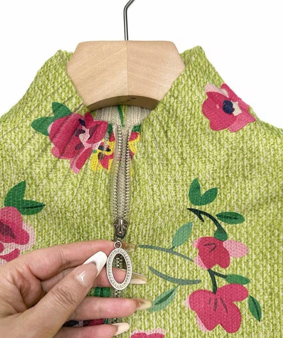 Constance - Cardigan zippé floral rose et lime