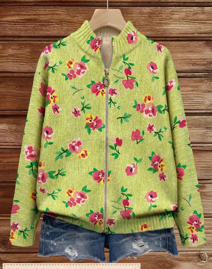 Constance - Cardigan zippé floral rose et lime