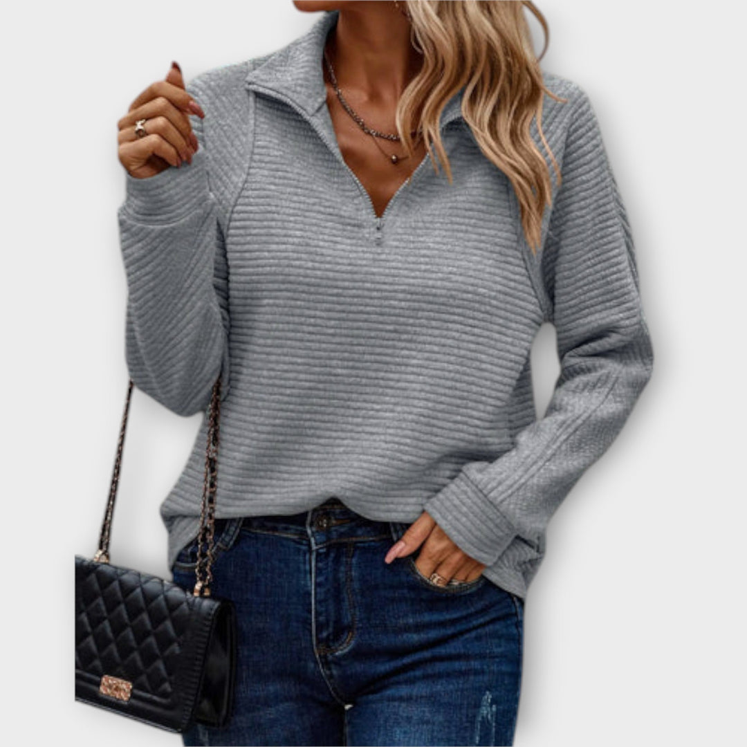 Vilja - Pull à demi-zip en rose avec motif en côtes