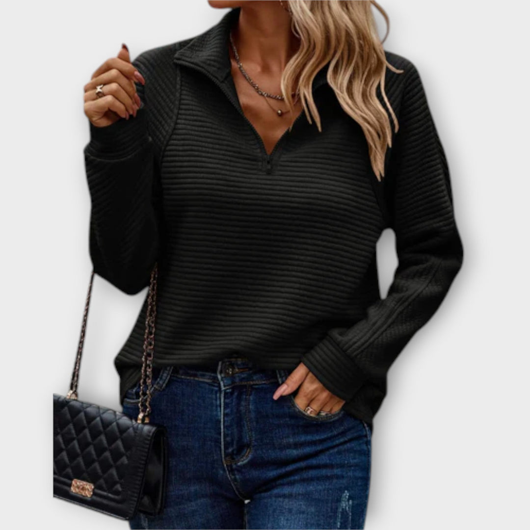 Vilja - Pull à demi-zip en rose avec motif en côtes