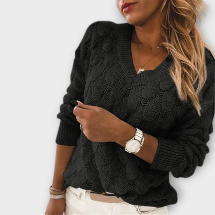 Noemier - Pull gris avec décolleté en V et motif ajouré