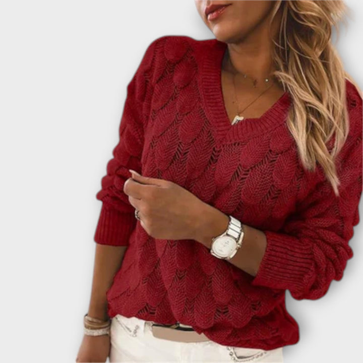 Noemier - Pull gris avec décolleté en V et motif ajouré