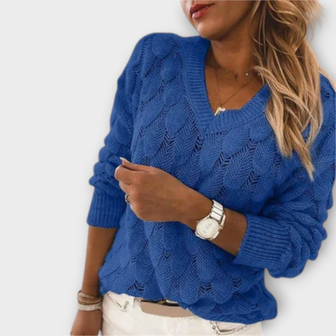 Noemier - Pull gris avec décolleté en V et motif ajouré